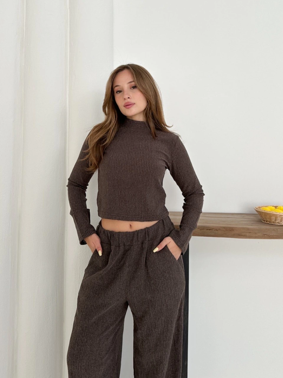 Balıkçı yaka örme takım kahve st265865