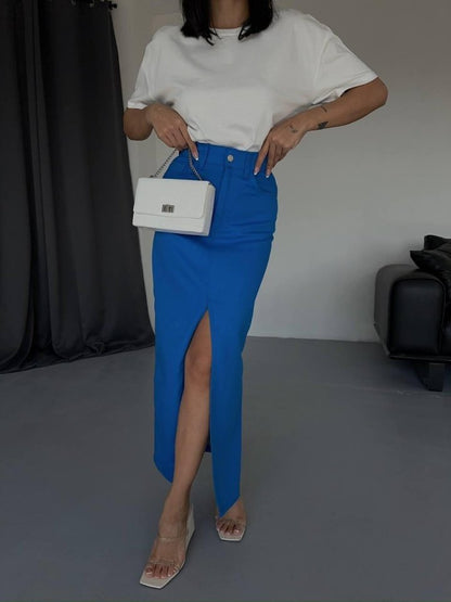 GABARDİN UZUN ÖNDEN YIRTMAÇLI ETEK - Saks