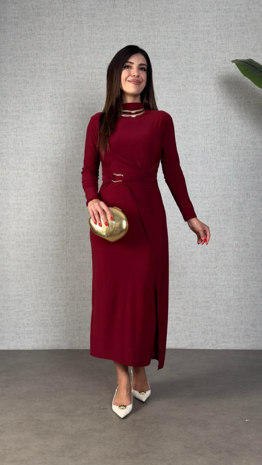 Kadın Balıkçı Yaka Toka Detay Sandy Kumaş Midi Boy Elbise