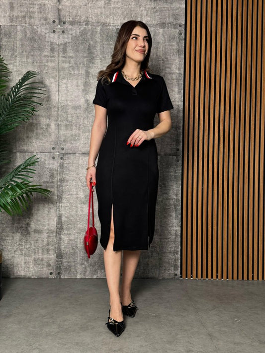 Kadın Yaka Ribanalı Çift Yırtmaçlı Elbise