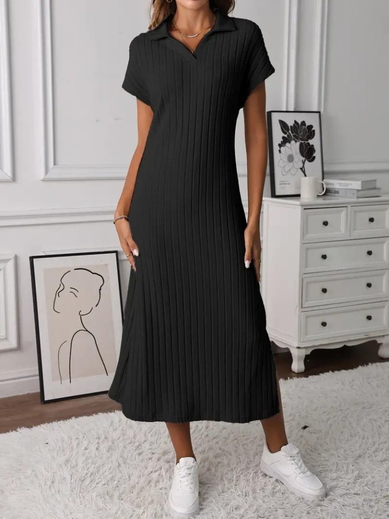 Kadın Kısa Kollu Yakalı Yandan Yırtmaçlı Kalın Fitilli Kaşkorse Elbise