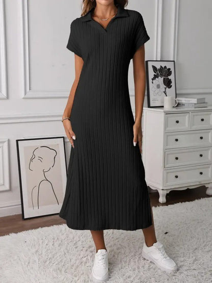 Kadın Kısa Kollu Yakalı Yandan Yırtmaçlı Kalın Fitilli Kaşkorse Elbise