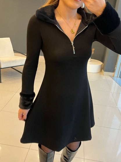 Kadın Uzun Kollu Kürk Yakalı Fermuarlı Kısa Viskon Iki Iplik Elbise