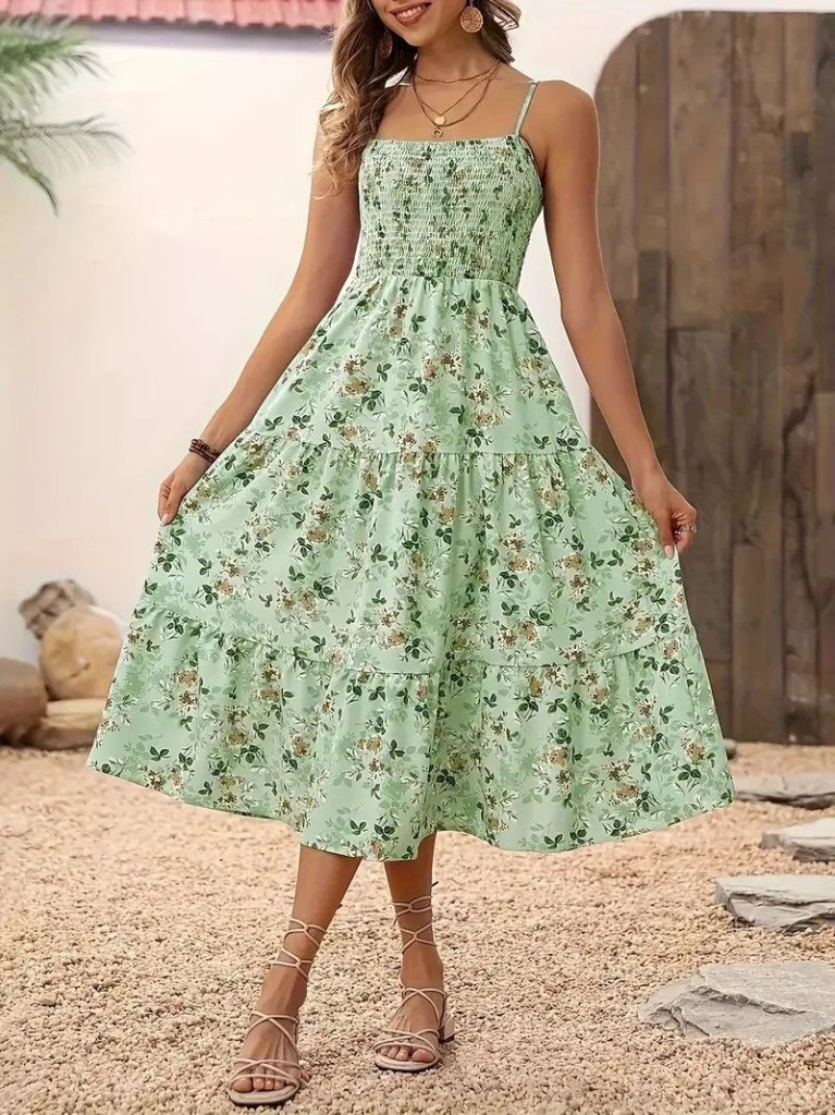 Kadın Ip Askılı Geniş V Yakalı Desenli Uzun Süprem Elbise