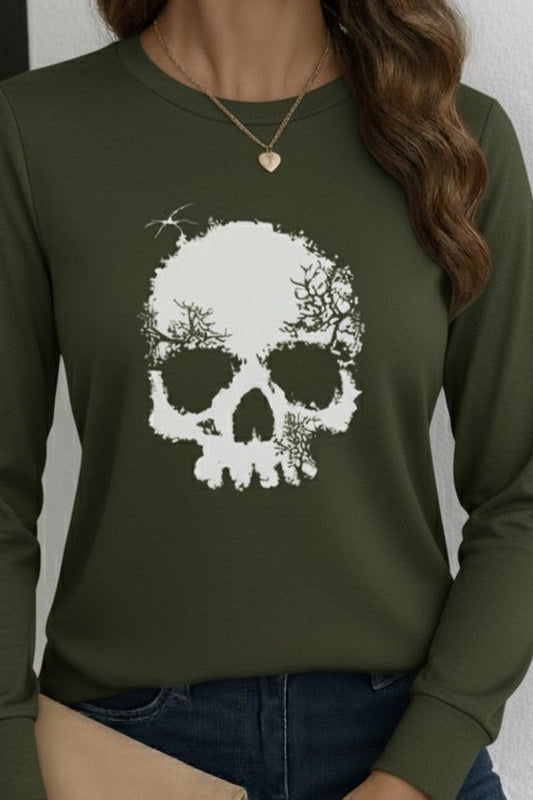 Kadın Uzun Kollu Bisiklet Yaka Kurukafa Desenli Viskon Bluz