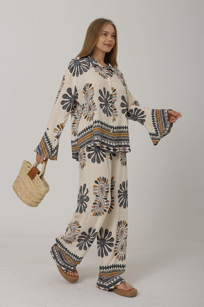 Desenli Kolları Volanlı Pantolon Takım - Antrasit