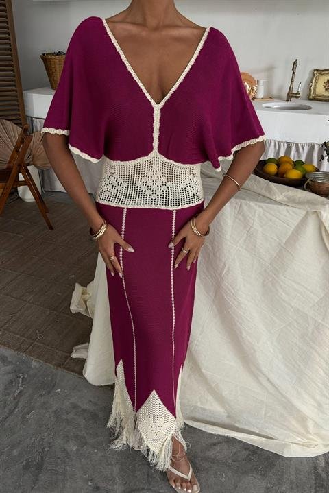 Dantel Desenli V Yaka Triko Elbise 2844