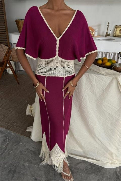 Dantel Desenli V Yaka Triko Elbise 2844