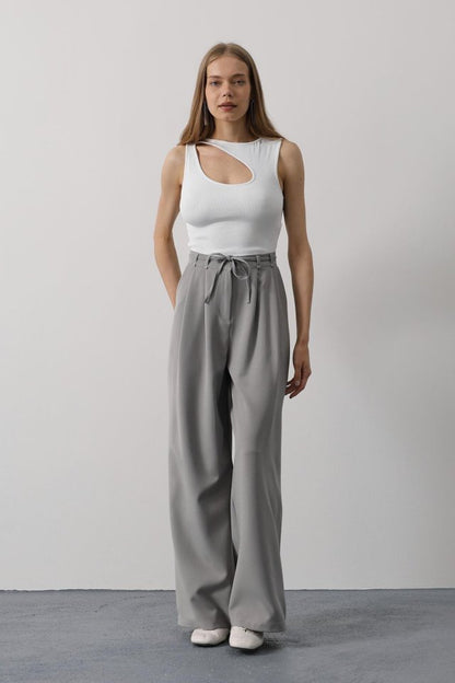 Pileli Bağcıklı Oversize Pantolon - Gri