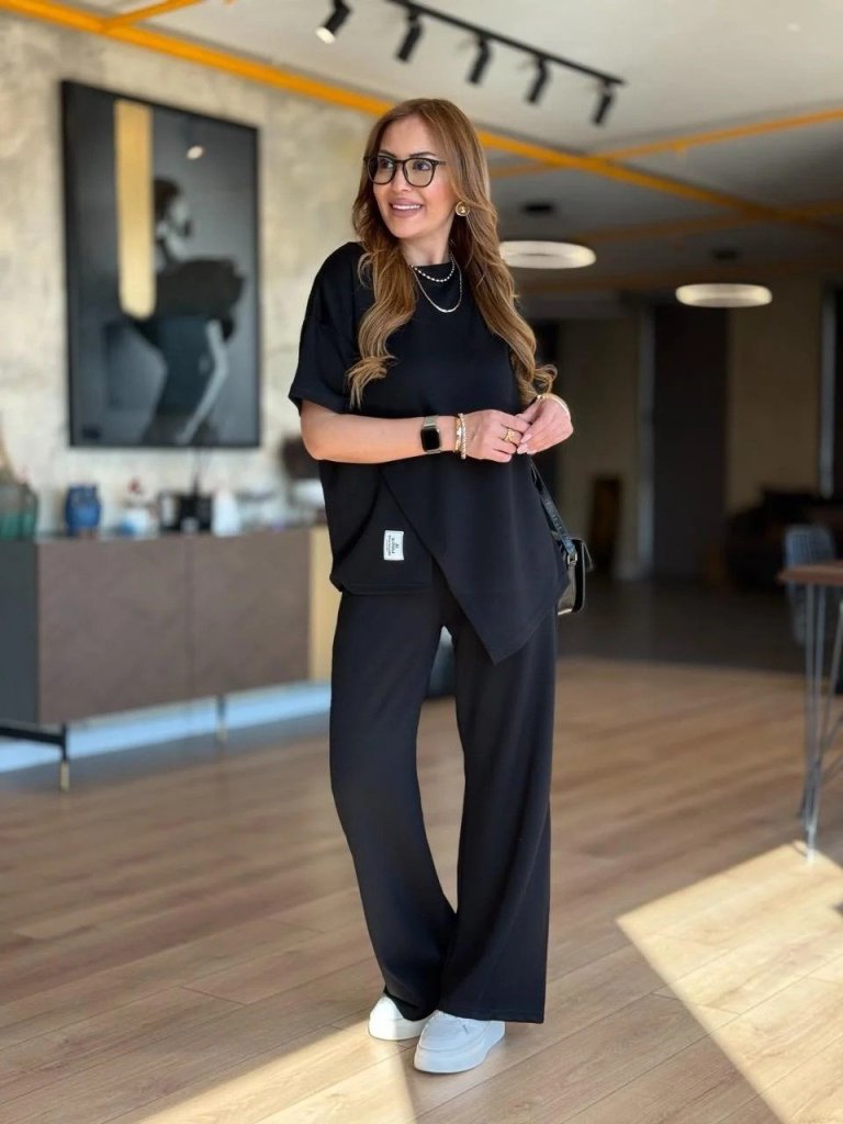 Kadın Kısa Kollu Bisiklet Yaka Asimetrik Viskon Iki Iplik Bluz Ve Pantolon Ikili Takım