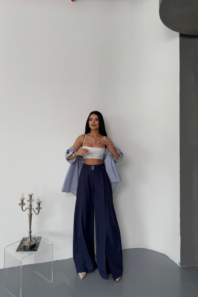 SALAŞ ÖNDEN YIRTMAÇ DETAYLI BEL KEMERLİ PANTOLON - Lacivert