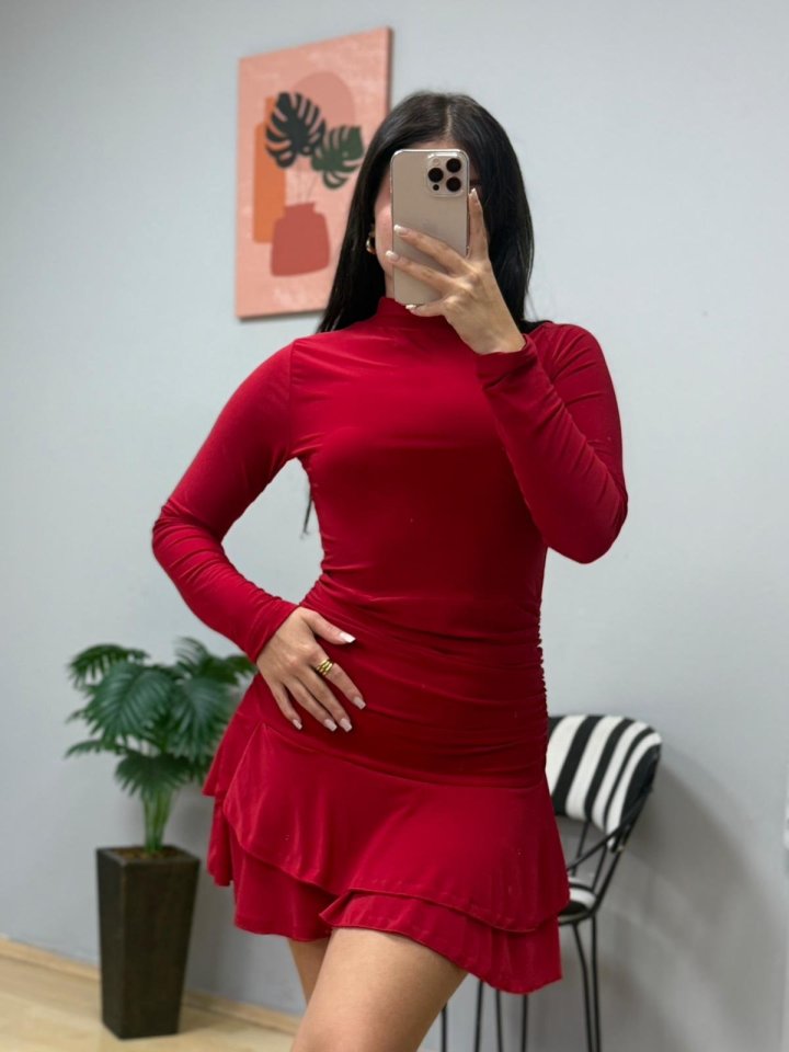 Kadın Uzun Kollu Balıkçı Yaka Mini Fırfırlı Sandy Elbise