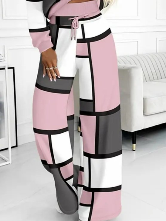 Kadın Uzun Kollu Kapşonlu Bağcıklı Desenli Iki Iplik Bluz Ve Pantolon Ikili Takım