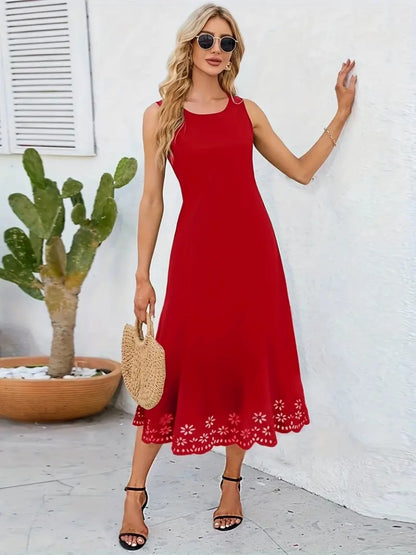 Kadın Kolsuz Etek Ucu Lazer Kesim çiçek Desenli Midi Boy Ithal Krep Elbise