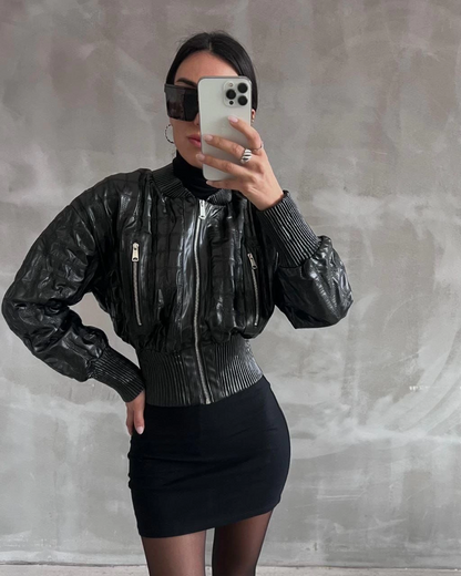 Beli büzgülü crop deri ceket siyah