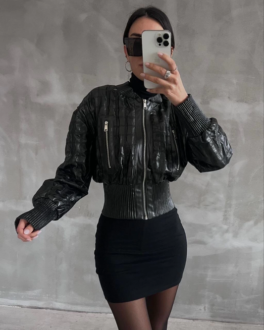 Beli büzgülü crop deri ceket siyah