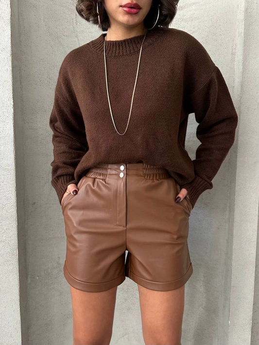 Beli lastikli çıtçıtlı deri şort kahve w241007