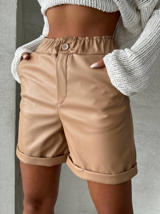 Beli lastikli duble paça deri şort bej w24755