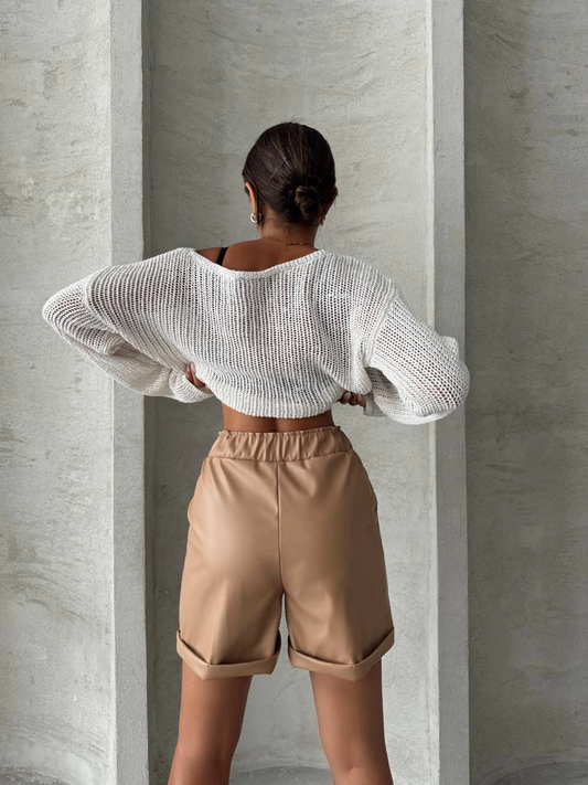 Beli lastikli duble paça deri şort bej w24755