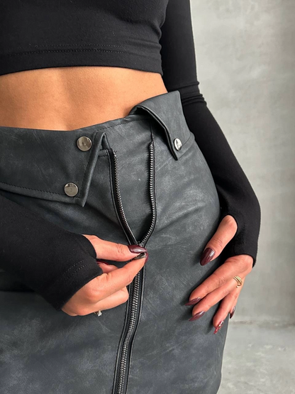 Beli pervazlı fermuarlı eskitme deri etek w24431