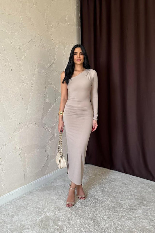 Bej Büzgü Detaylı Tek Omuz Elbise