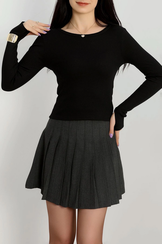 Bisiklet Yaka Parmak Geçmeli Kaşkorse bluz siyah a3829