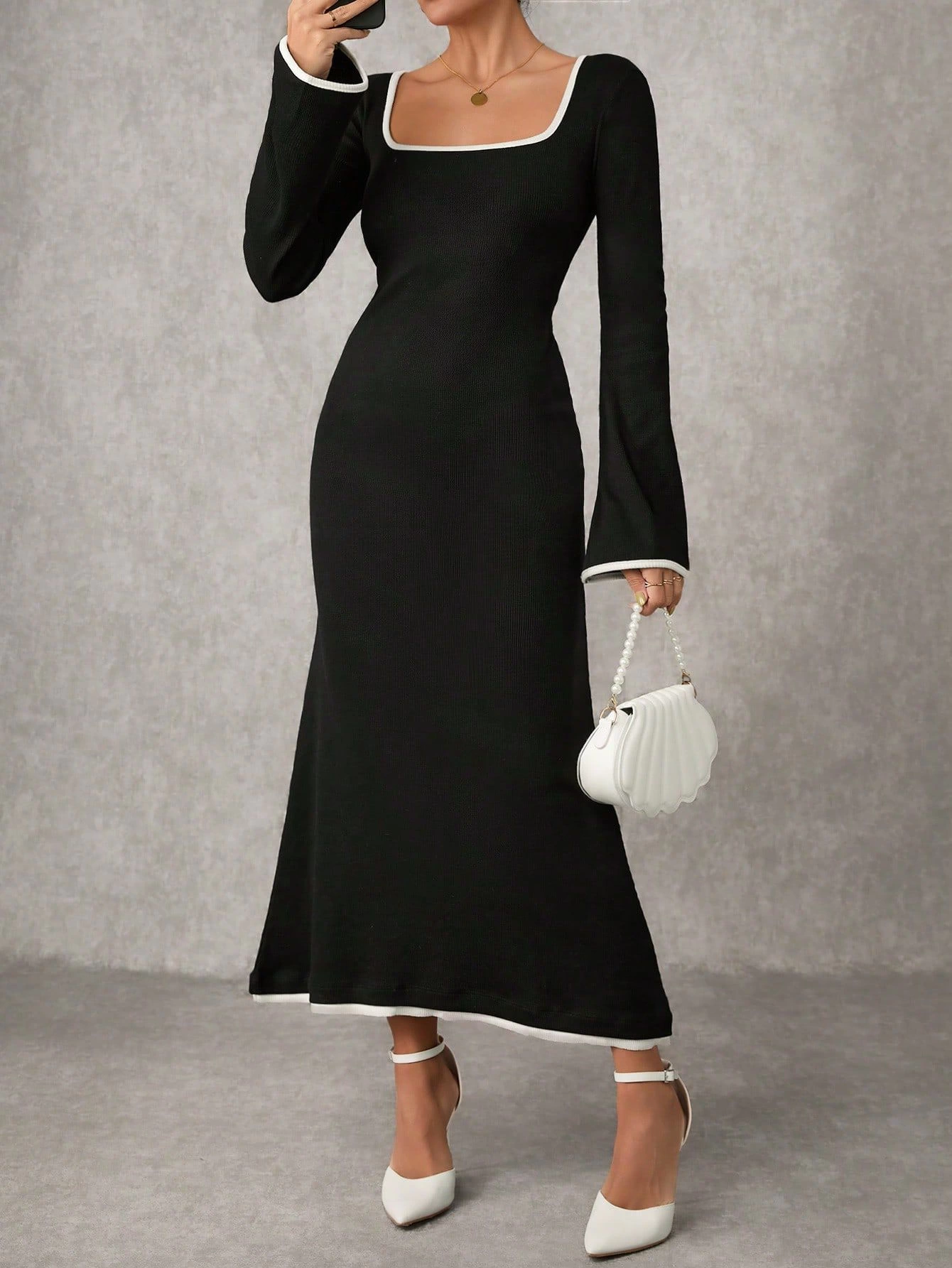 Biyeli uzun elbise siyah