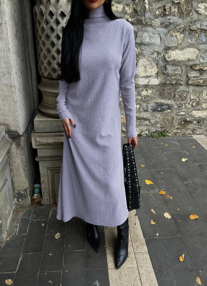 Boğazlı kalın bürümcük uzun elbise gri