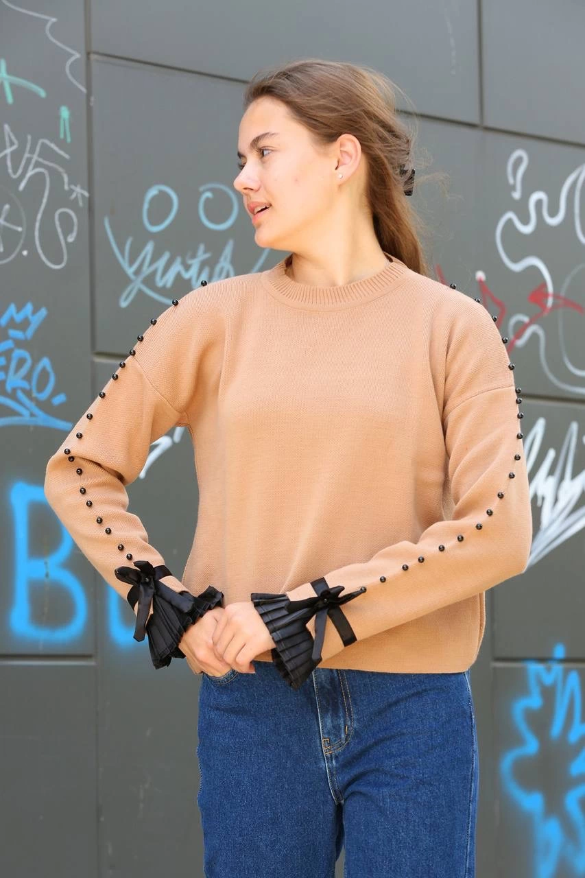 Boncuklu bile detaylı kazak vizon