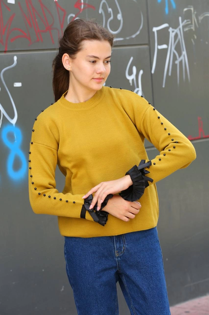 Boncuklu bile detaylı kazak hardal