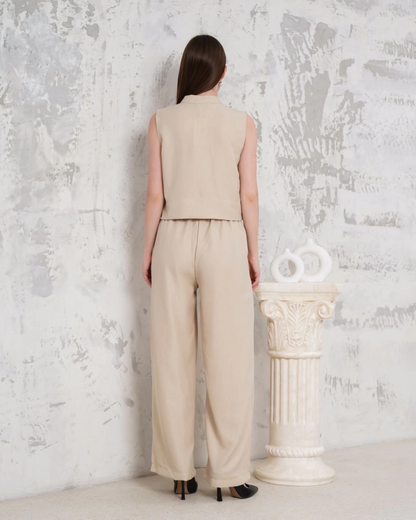 Broşlu yelek pantolon takım bej s255821