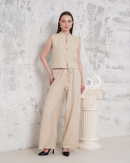 Broşlu yelek pantolon takım bej s255821