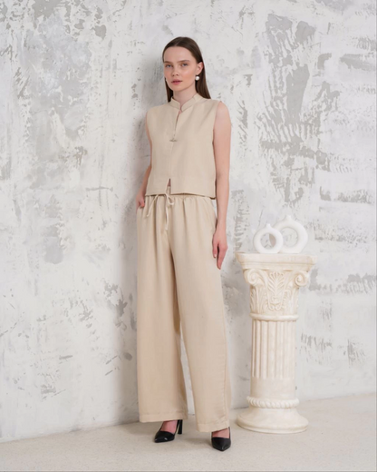 Broşlu yelek pantolon takım bej s255821