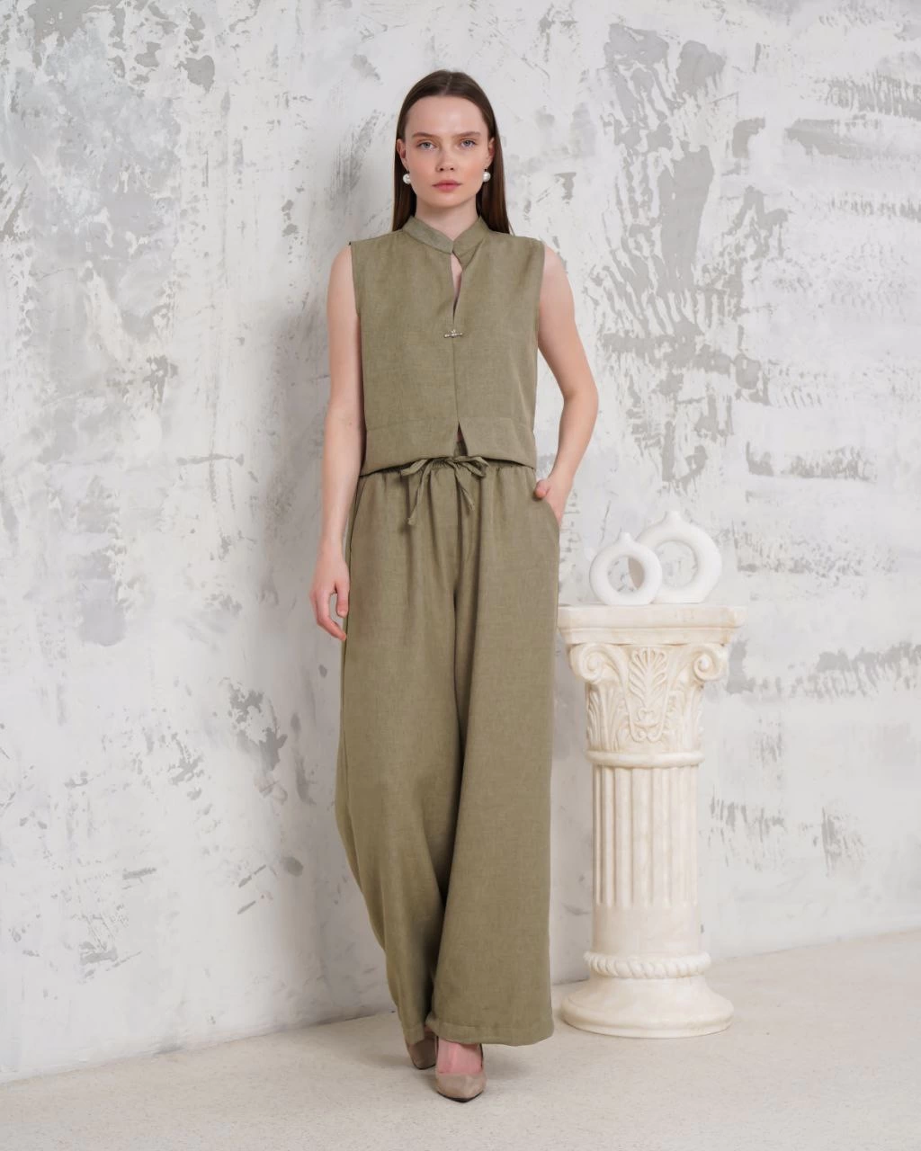 Broşlu yelek pantolon takım haki s255821