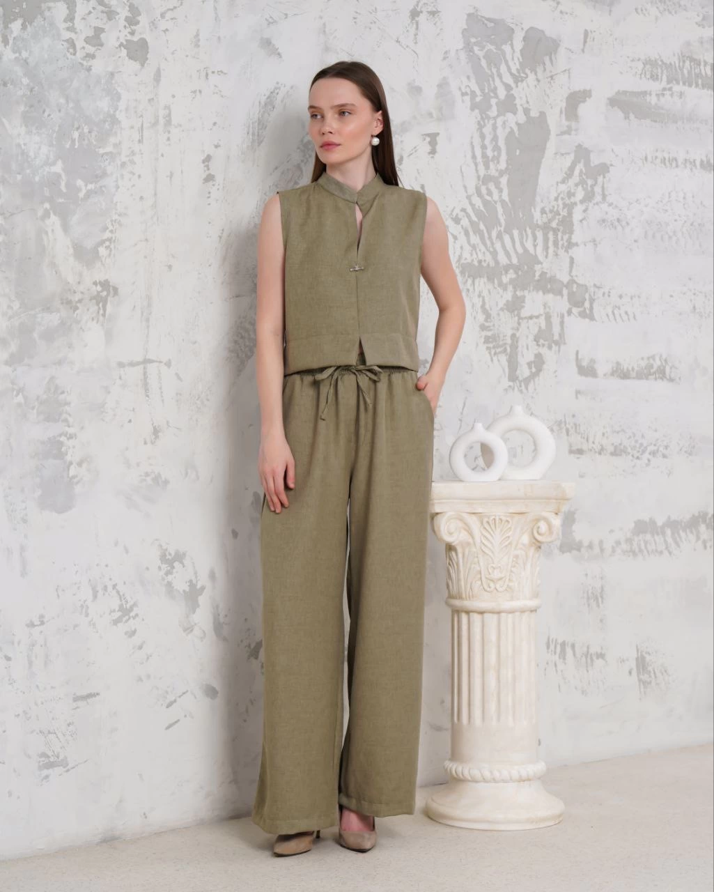 Broşlu yelek pantolon takım haki s255821