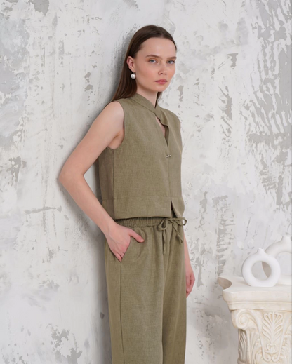 Broşlu yelek pantolon takım haki s255821