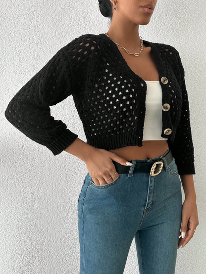 Büyük düğmeli delikli hırka siyah