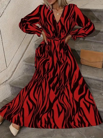 Kadın Uzun Kollu Kruvaze Yakalı Kuşaklı Zebra Desenli Süprem Maxi Elbise