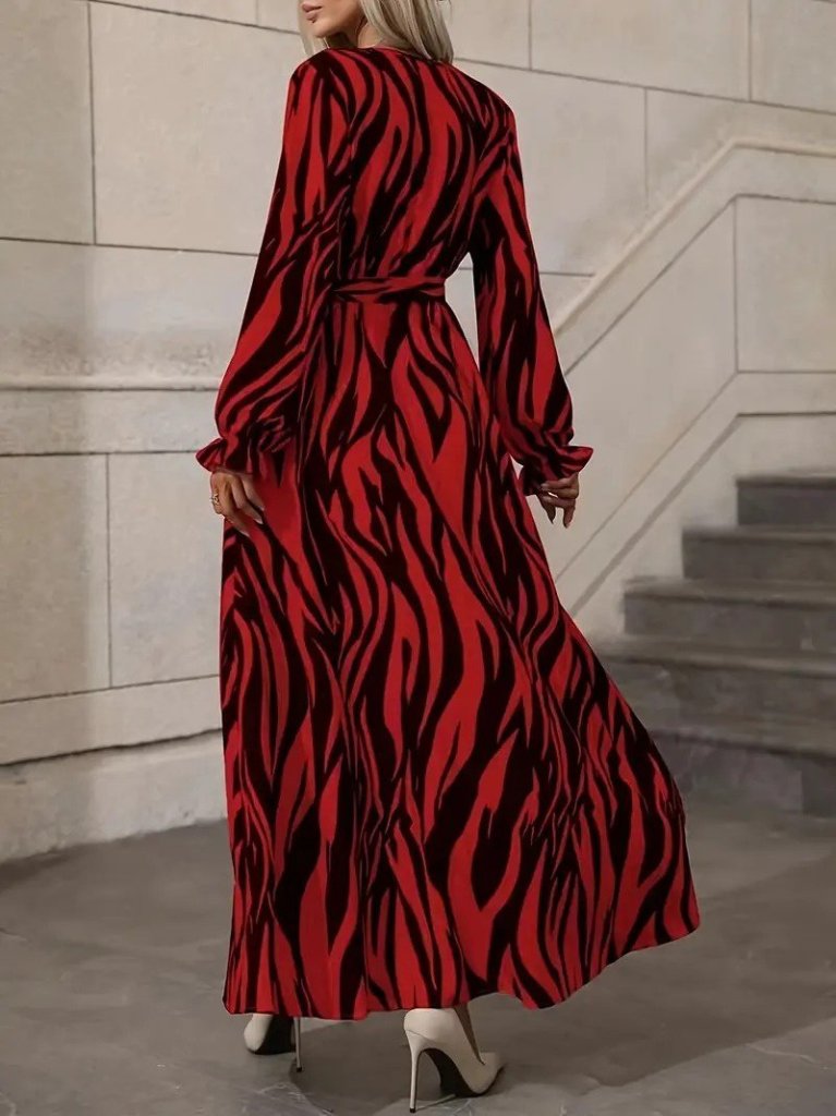 Kadın Uzun Kollu Kruvaze Yakalı Kuşaklı Zebra Desenli Süprem Maxi Elbise