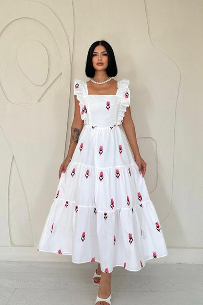 Fuşya Sıfır Kol Fırfırlı Elbise