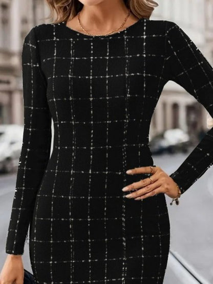 Kadın Uzun Kollu Yuvarlak Yaka Mini Dokuma Elbise