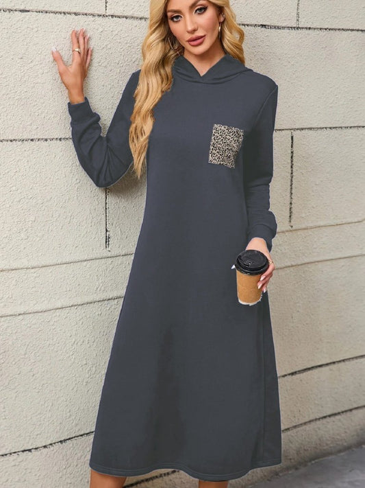 Kadın Uzun Kollu Kapşonlu Cep Detaylı Viskon Iki Iplik Maxi Elbise