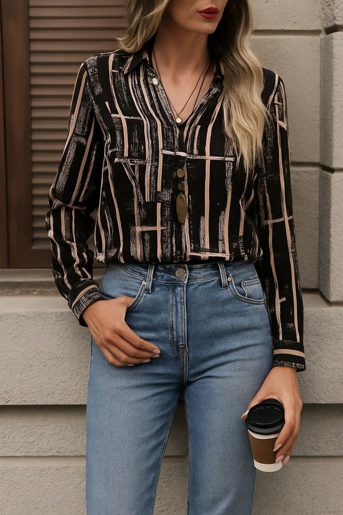 Kadın Uzun Kollu V Yakalı Desenli Dalgıç Bluz