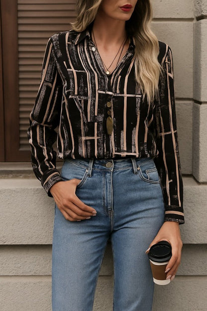Kadın Uzun Kollu V Yakalı Desenli Dalgıç Bluz