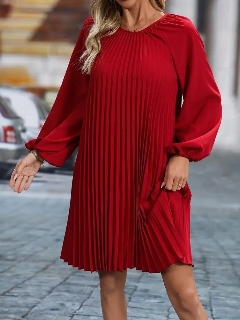 Kadın Uzun Kollu Yuvarlak Yaka Pileli Salaş Mini Ithal Krep Elbise