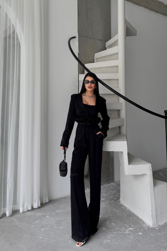 JAKARLI BLUZU TASARIM DETAYLI CEKET-PANTOLON-BLUZ 3 LÜ TAKIM - Siyah