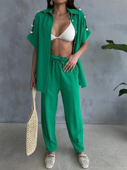 OMUZ MİDYE SIRALI BLUZ - PAÇA PENSLİ PANTOLON TAKIM - Yeşil