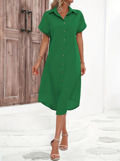 Kadın Kısa Kollu Yakalı Düğme Detay Midi Dokuma Elbise