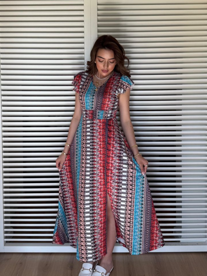 Kadın Kısa Kollu V Yakalı Desenli Yandan Yırtmaçlı Süprem Elbise