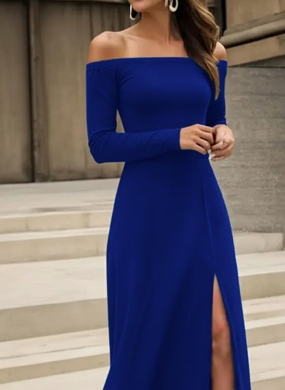 Kadın Uzun Kollu Madonna Yakalı Yırtmaç Detaylı Uzun Ithal Krep Elbise